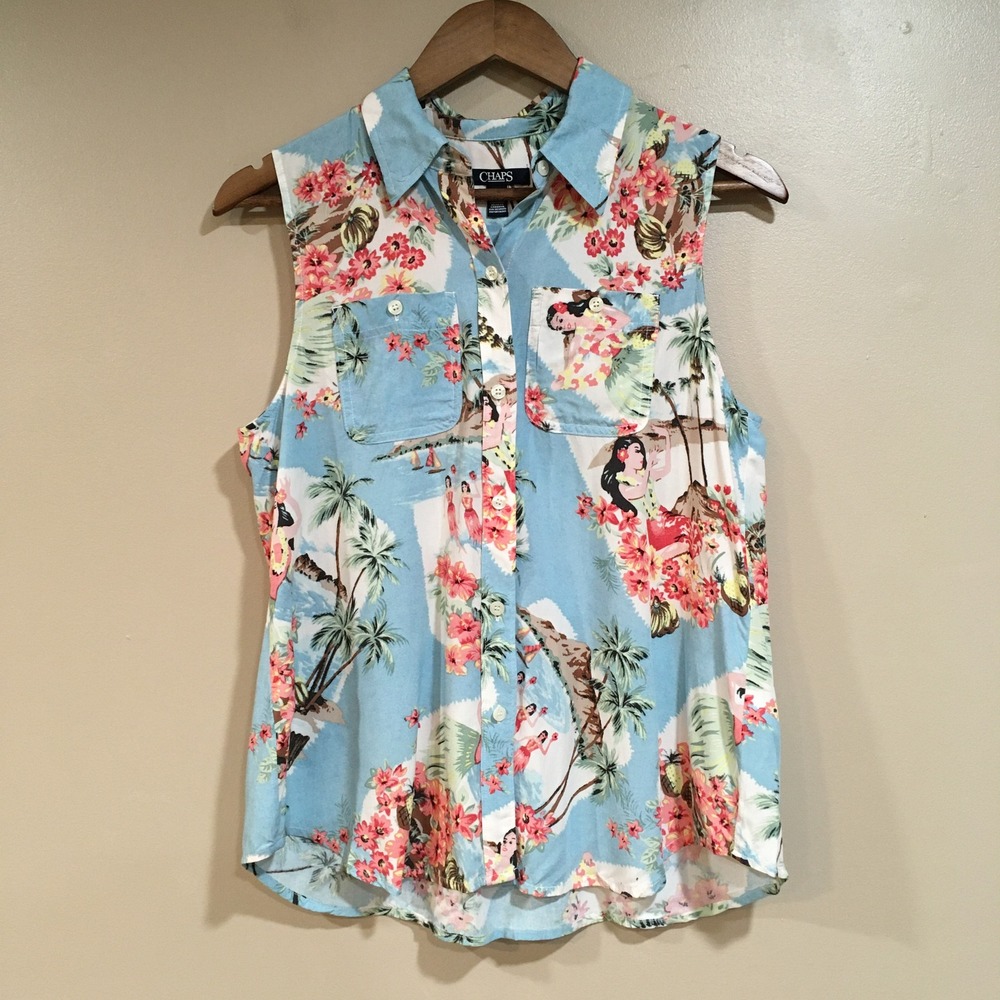 Chaps Sleeveless Hawaiian Hula Girl Button Up Shirt Women S Blue Tropical Resort